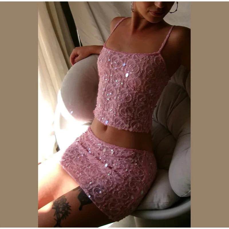 Casual Sleeveless Backless Sequins See Through Tank Top Shorts Two Piece Set