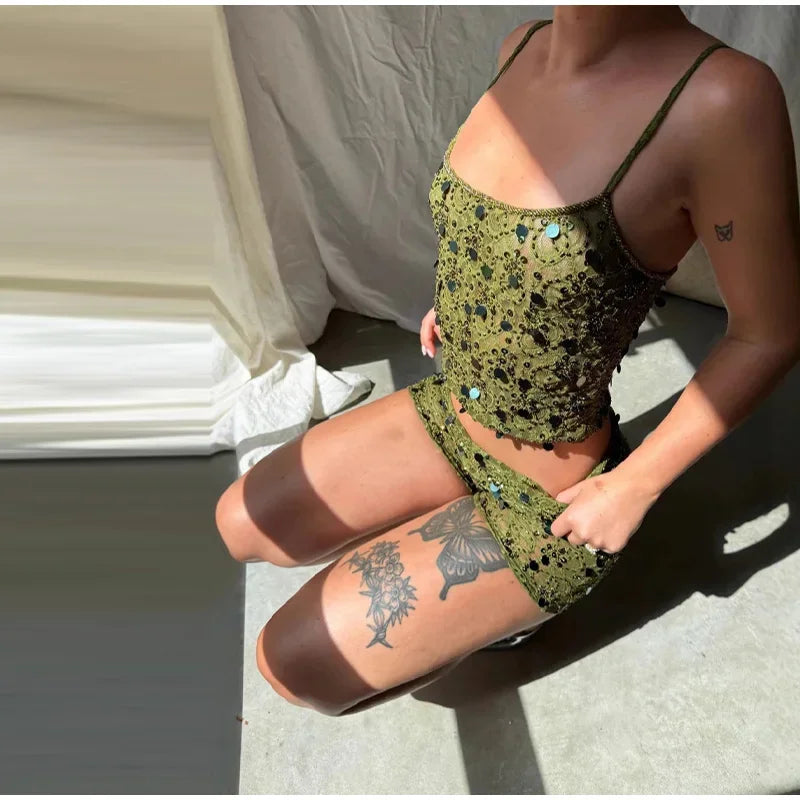 Casual Sleeveless Backless Sequins See Through Tank Top Shorts Two Piece Set