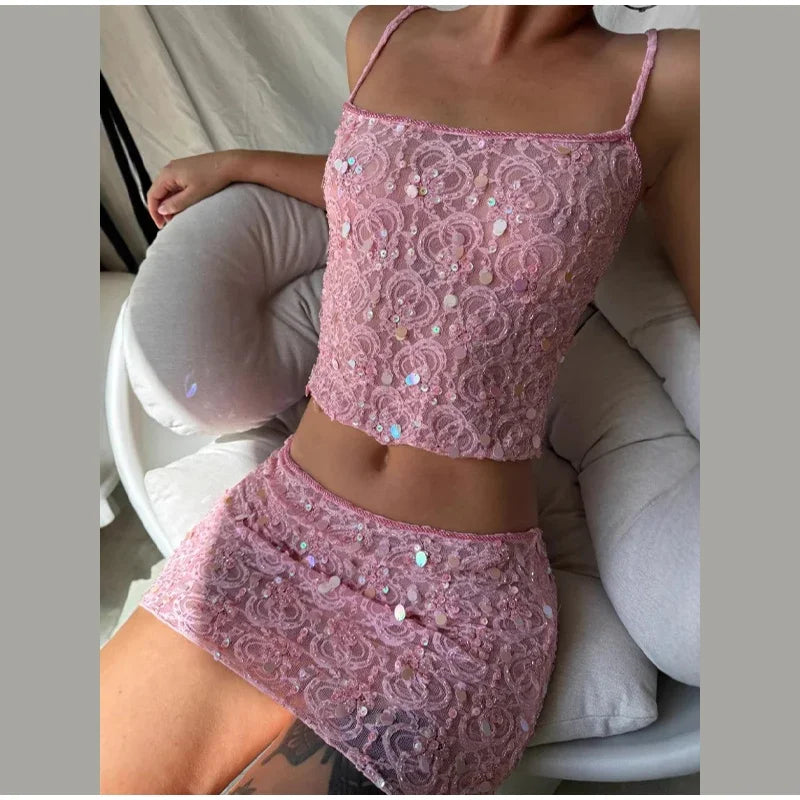 Casual Sleeveless Backless Sequins See Through Tank Top Shorts Two Piece Set