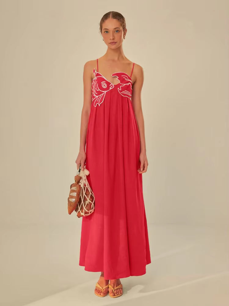 Casual Sleeveless Backless Street wear Spaghetti Strap Fish Top Maxi Dress