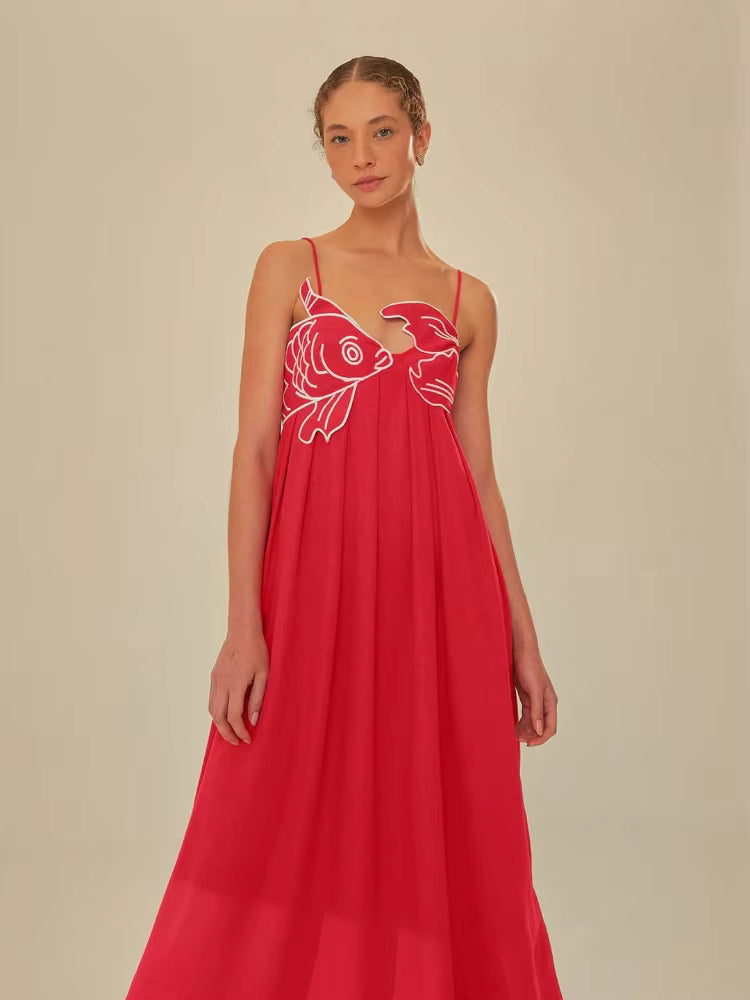Casual Sleeveless Backless Street wear Spaghetti Strap Fish Top Maxi Dress