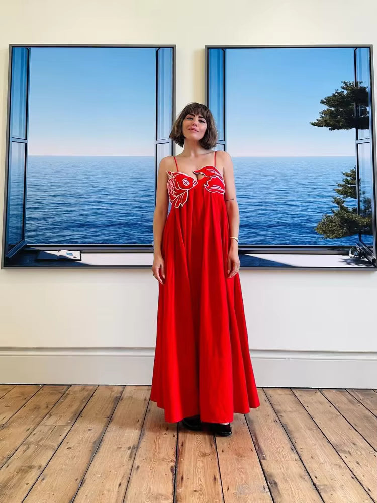 Casual Sleeveless Backless Street wear Spaghetti Strap Fish Top Maxi Dress