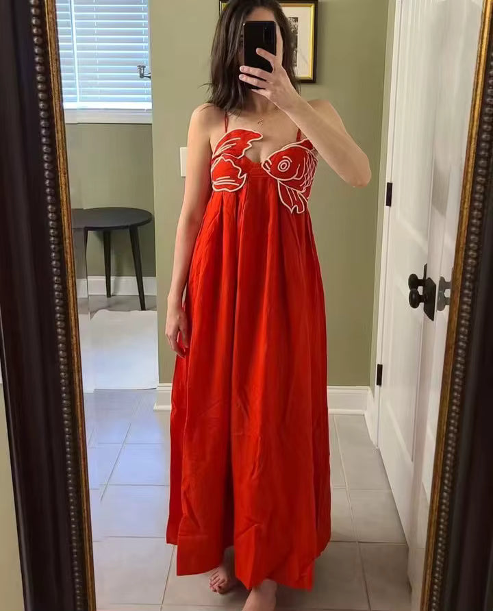 Casual Sleeveless Backless Street wear Spaghetti Strap Fish Top Maxi Dress