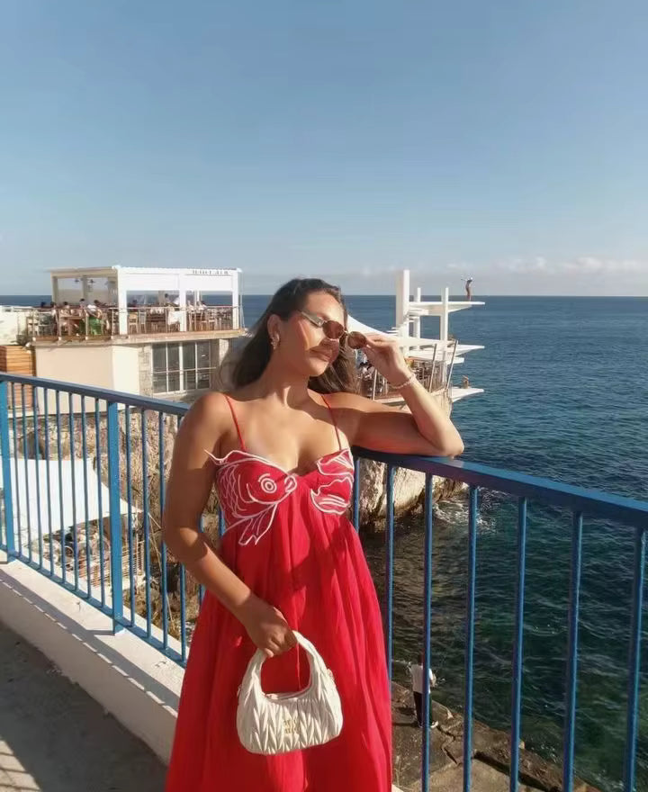Casual Sleeveless Backless Street wear Spaghetti Strap Fish Top Maxi Dress