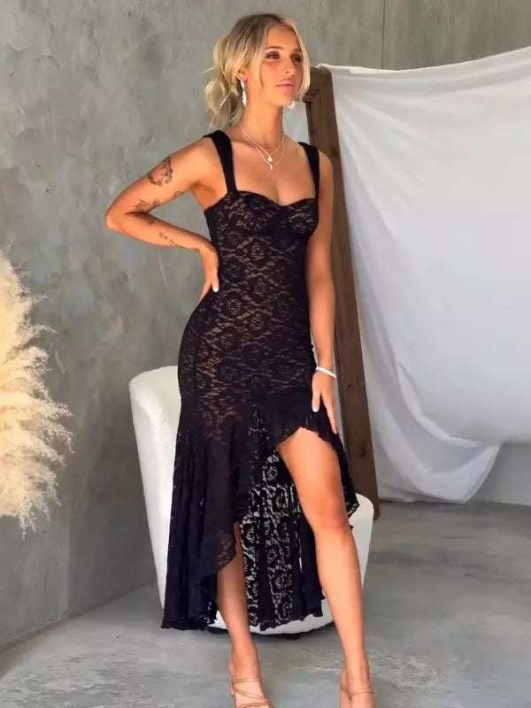 Casual Sleeveless Backless With High Slit Lace Midi Dress