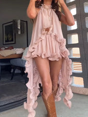Casual Sleeveless Blouse Tops Mini Skirt Matching Suits Ruffles Skirts Two Piece Sets