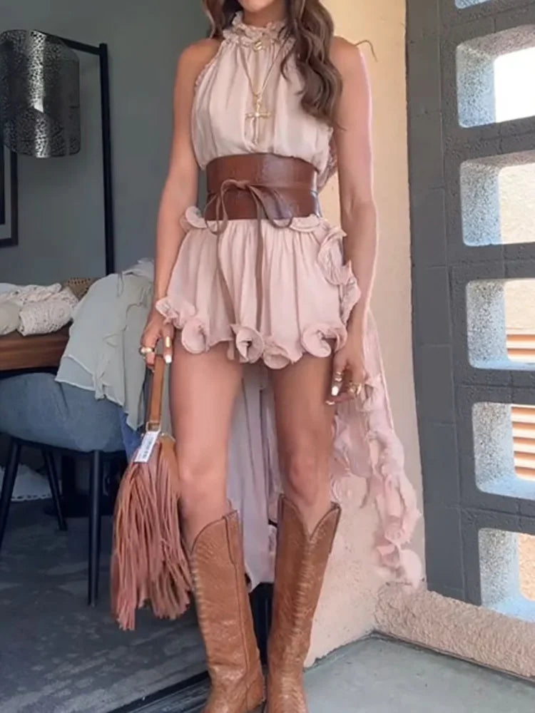 Casual Sleeveless Blouse Tops Mini Skirt Matching Suits Ruffles Skirts Two Piece Sets