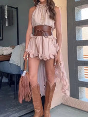 Casual Sleeveless Blouse Tops Mini Skirt Matching Suits Ruffles Skirts Two Piece Sets