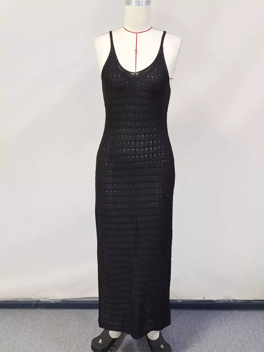 Casual Sleeveless Cover-up With Side Slit Crochet Knit Maxi Slip Dress