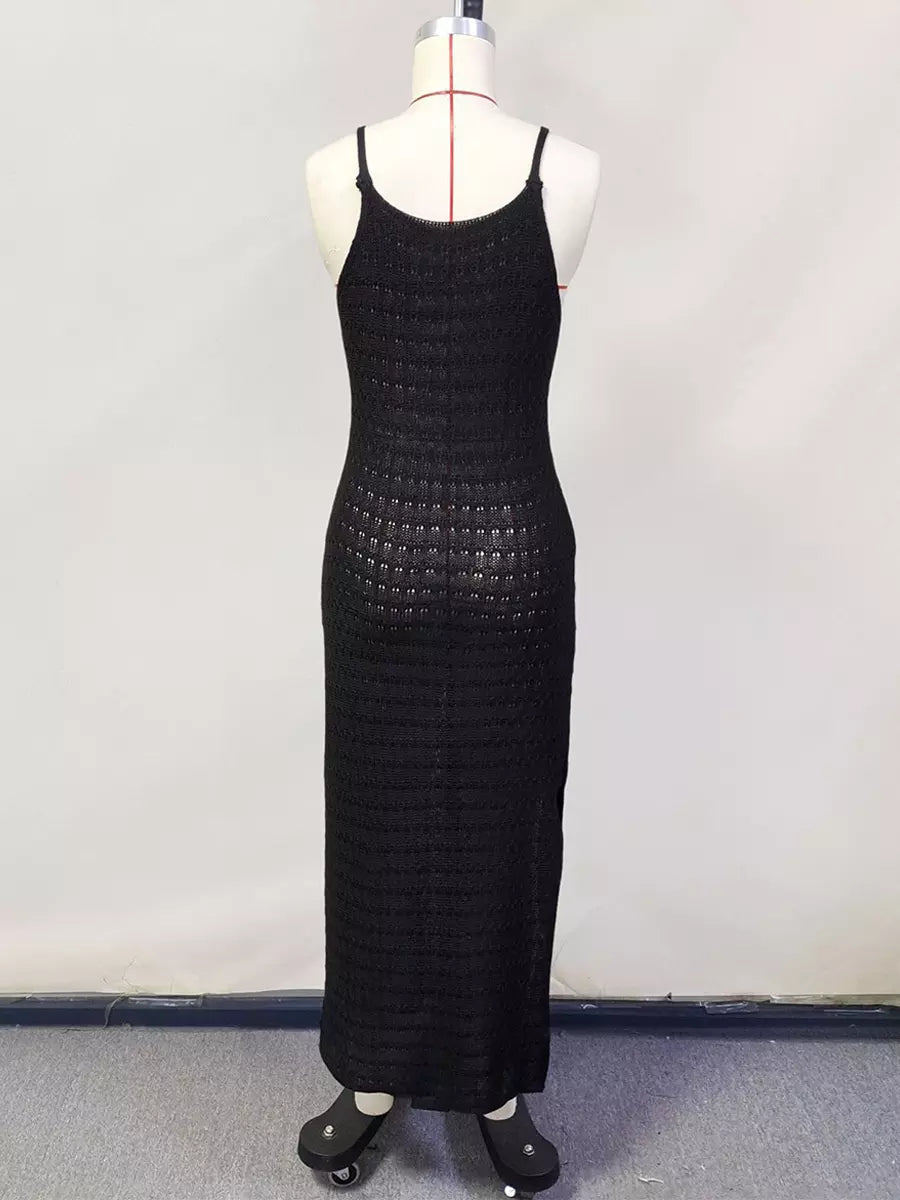 Casual Sleeveless Cover-up With Side Slit Crochet Knit Maxi Slip Dress