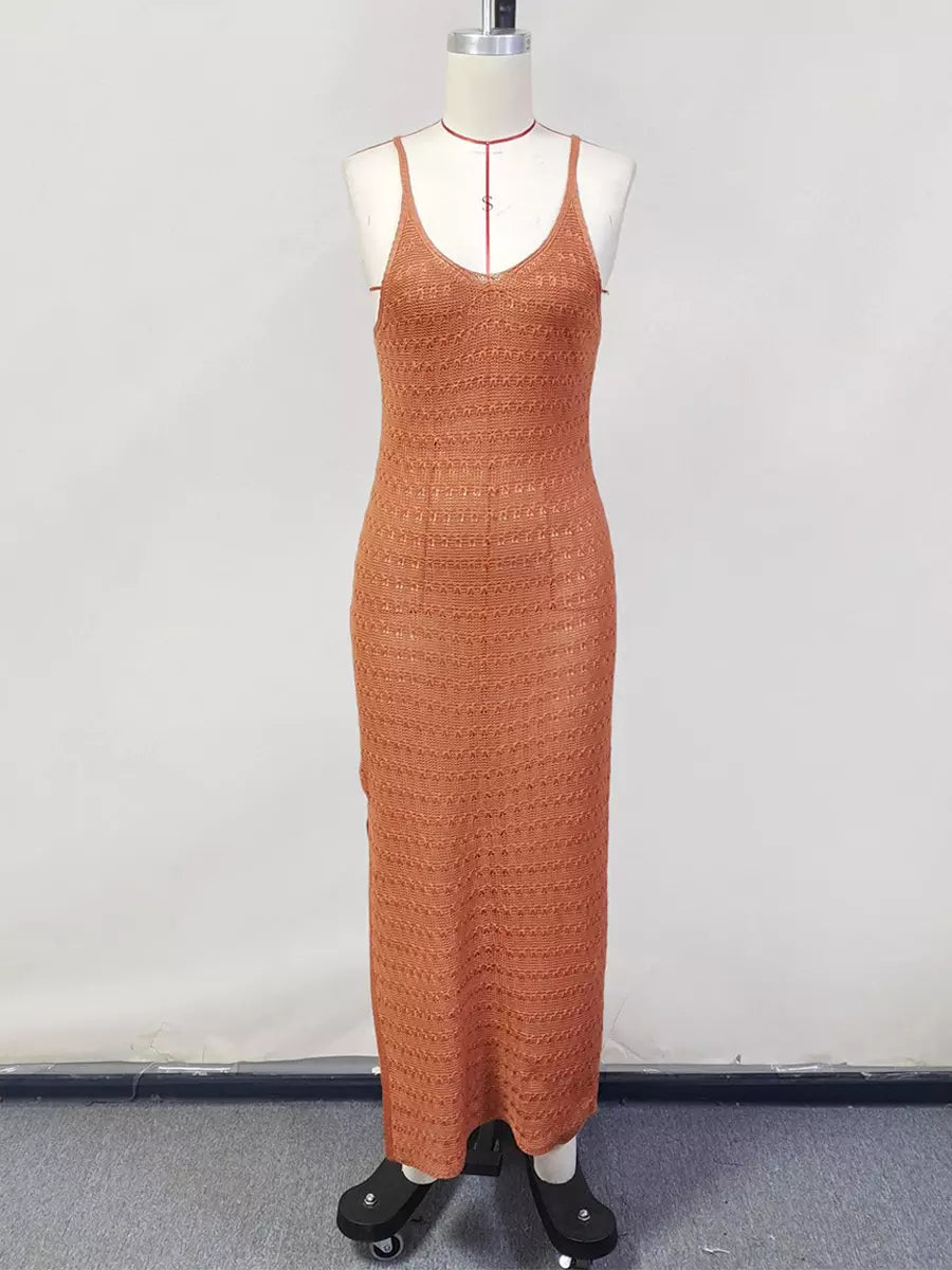 Casual Sleeveless Cover-up With Side Slit Crochet Knit Maxi Slip Dress