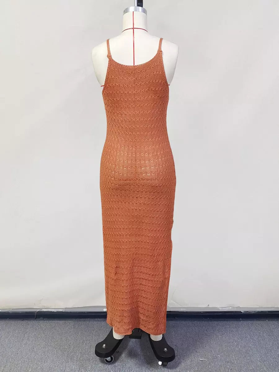 Casual Sleeveless Cover-up With Side Slit Crochet Knit Maxi Slip Dress