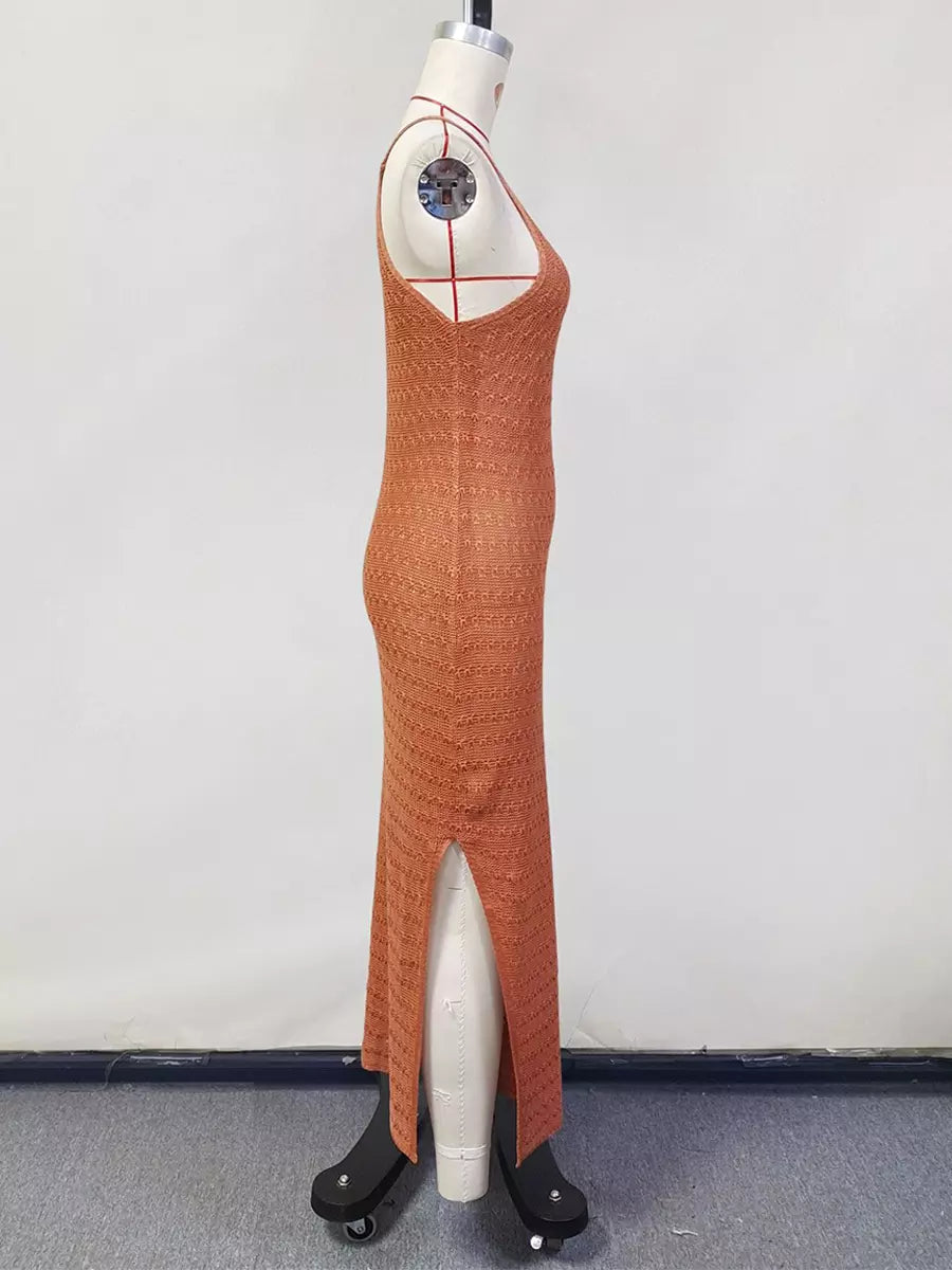 Casual Sleeveless Cover-up With Side Slit Crochet Knit Maxi Slip Dress