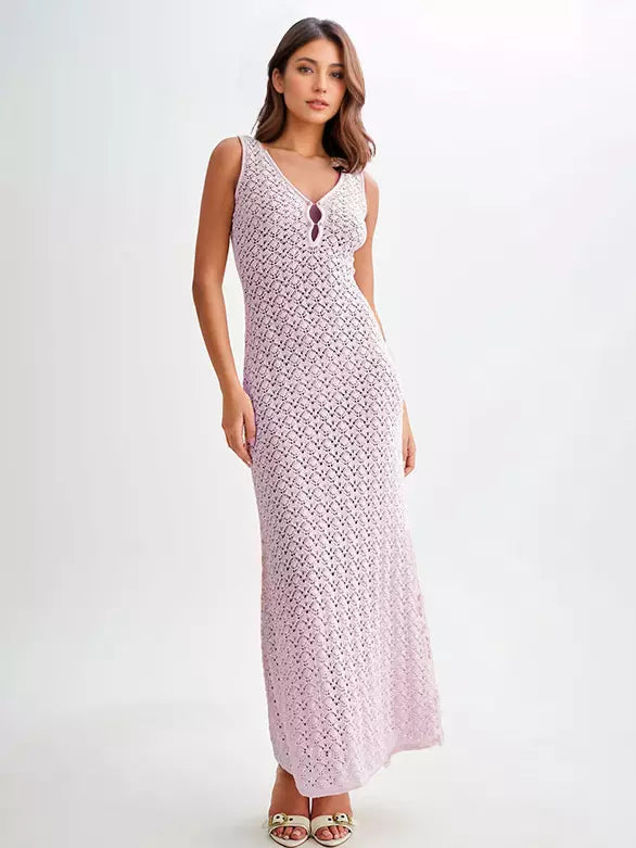Casual Sleeveless Cut-Outs Backless Cover-up Knit V-neck Maxi Dress