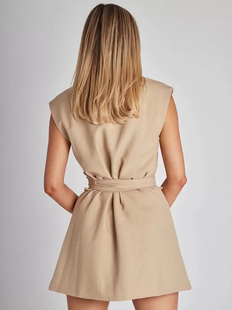 Casual Sleeveless Designed Neckline Belted Pockets Mini Blazer Dresses