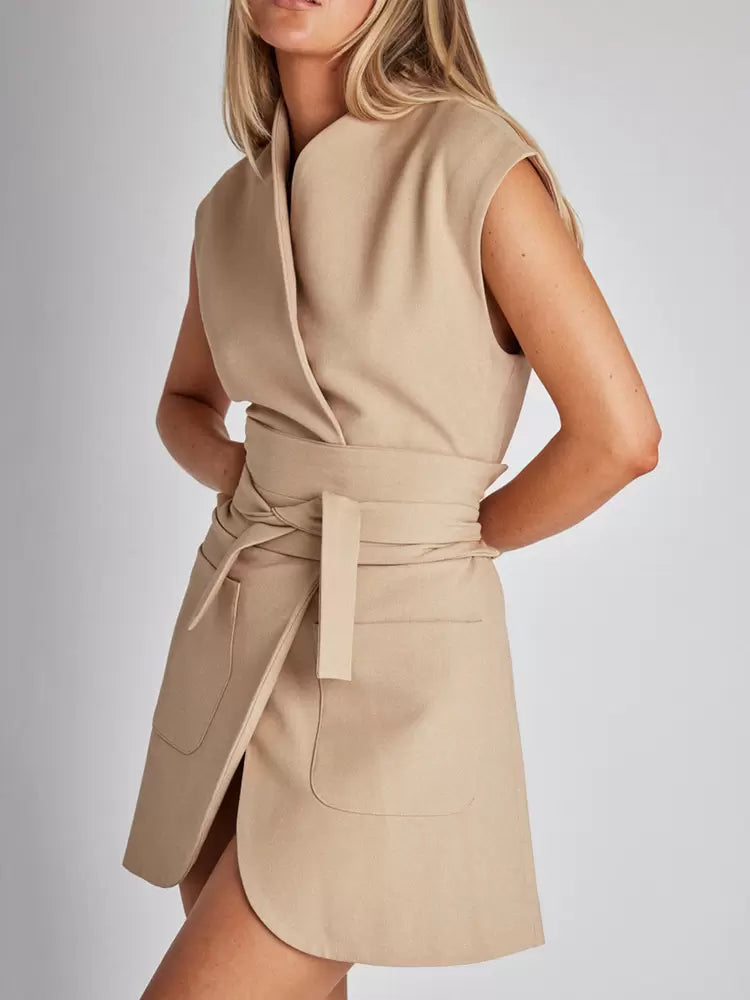 Casual Sleeveless Designed Neckline Belted Pockets Mini Blazer Dresses