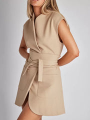 Casual Sleeveless Designed Neckline Belted Pockets Mini Blazer Dresses