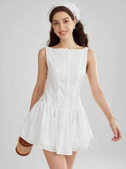 Casual Sleeveless Embroidered With Boat Neck Mini Dress