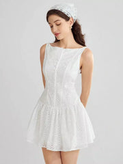 Casual Sleeveless Embroidered With Boat Neck Mini Dress