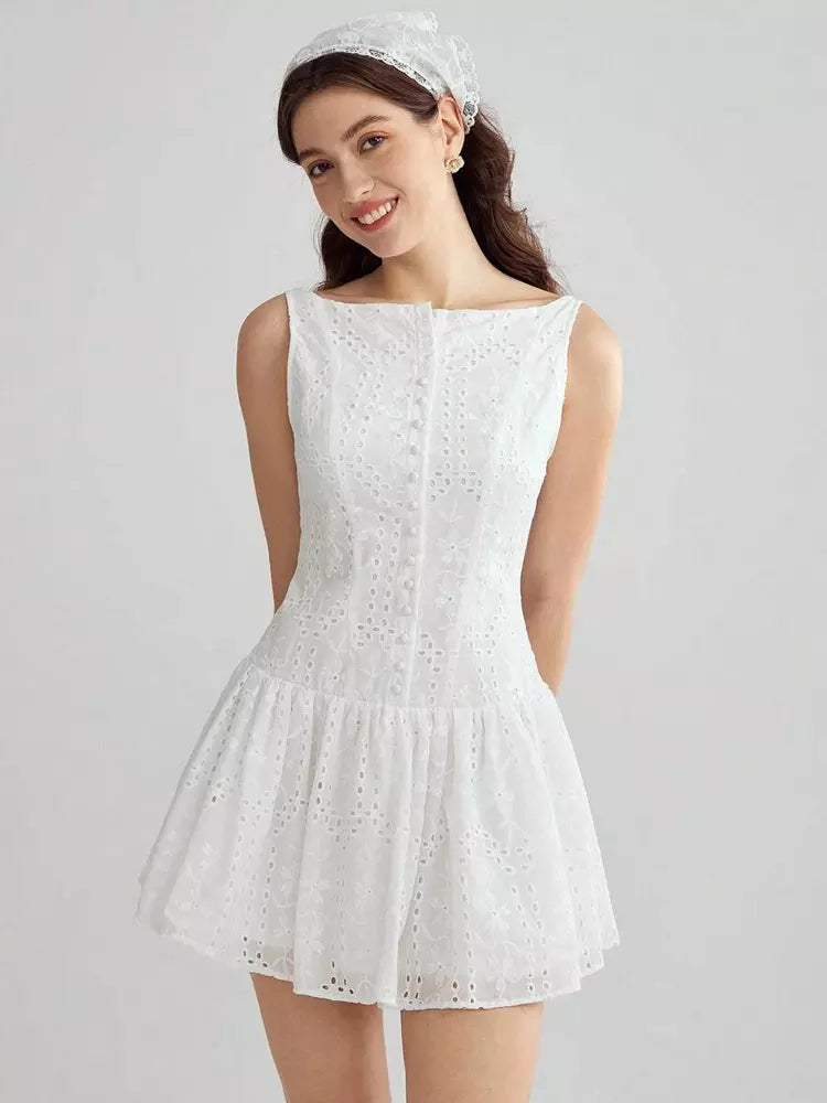Casual Sleeveless Embroidered With Boat Neck Mini Dress