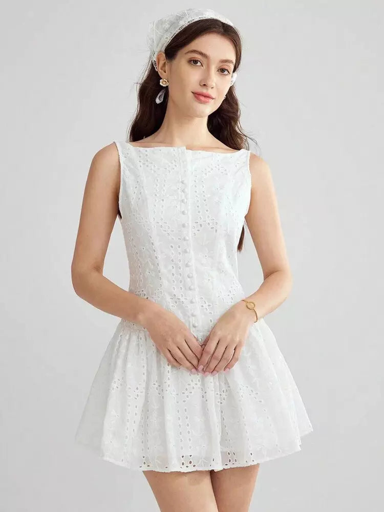 Casual Sleeveless Embroidered With Boat Neck Mini Dress