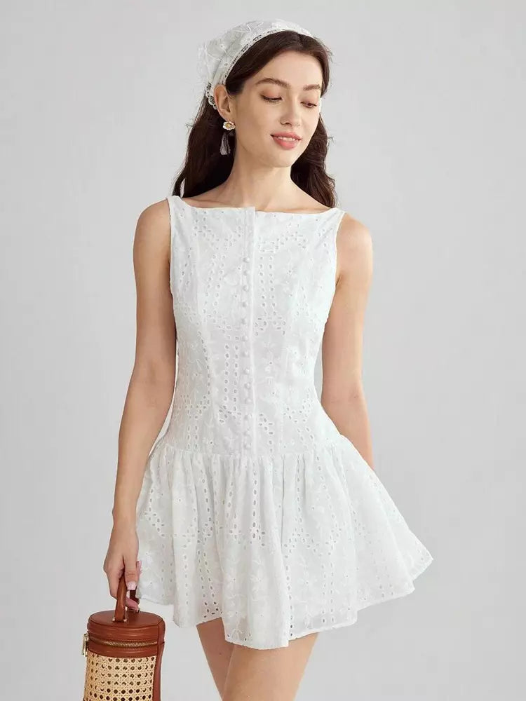Casual Sleeveless Embroidered With Boat Neck Mini Dress