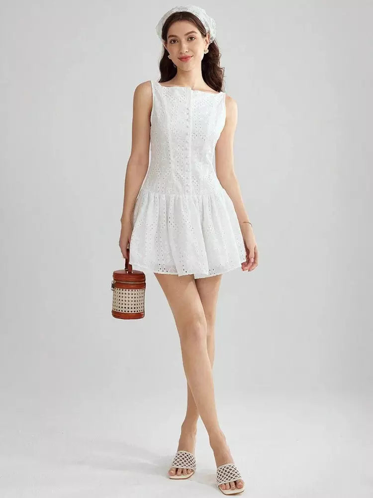 Casual Sleeveless Embroidered With Boat Neck Mini Dress