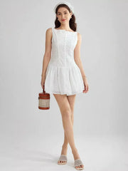 Casual Sleeveless Embroidered With Boat Neck Mini Dress