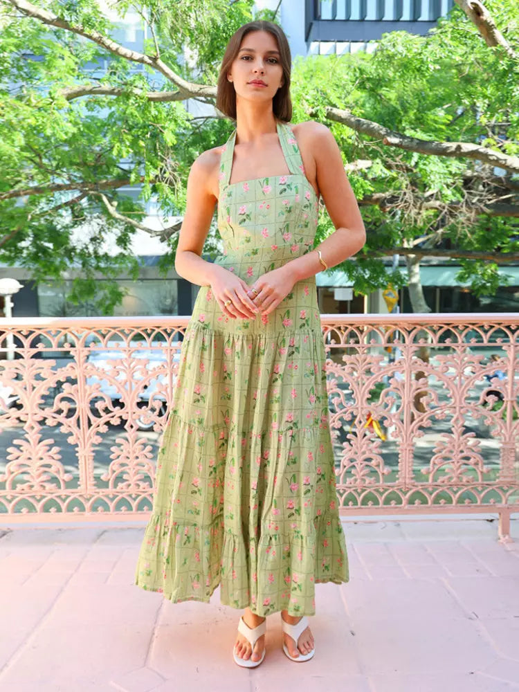 Casual Sleeveless Halter Neck Backless Layered Floral Print Maxi Dress