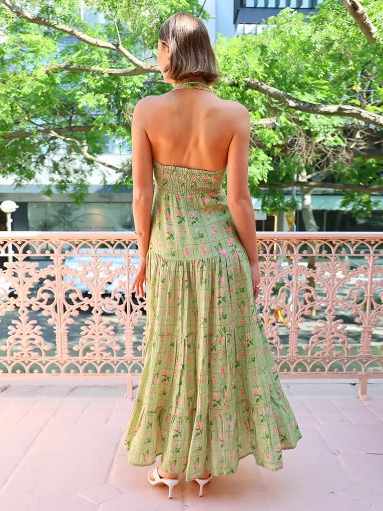 Casual Sleeveless Halter Neck Backless Layered Floral Print Maxi Dress