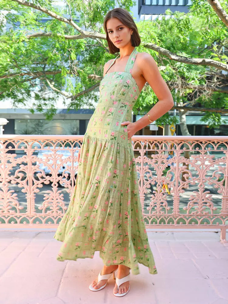 Casual Sleeveless Halter Neck Backless Layered Floral Print Maxi Dress