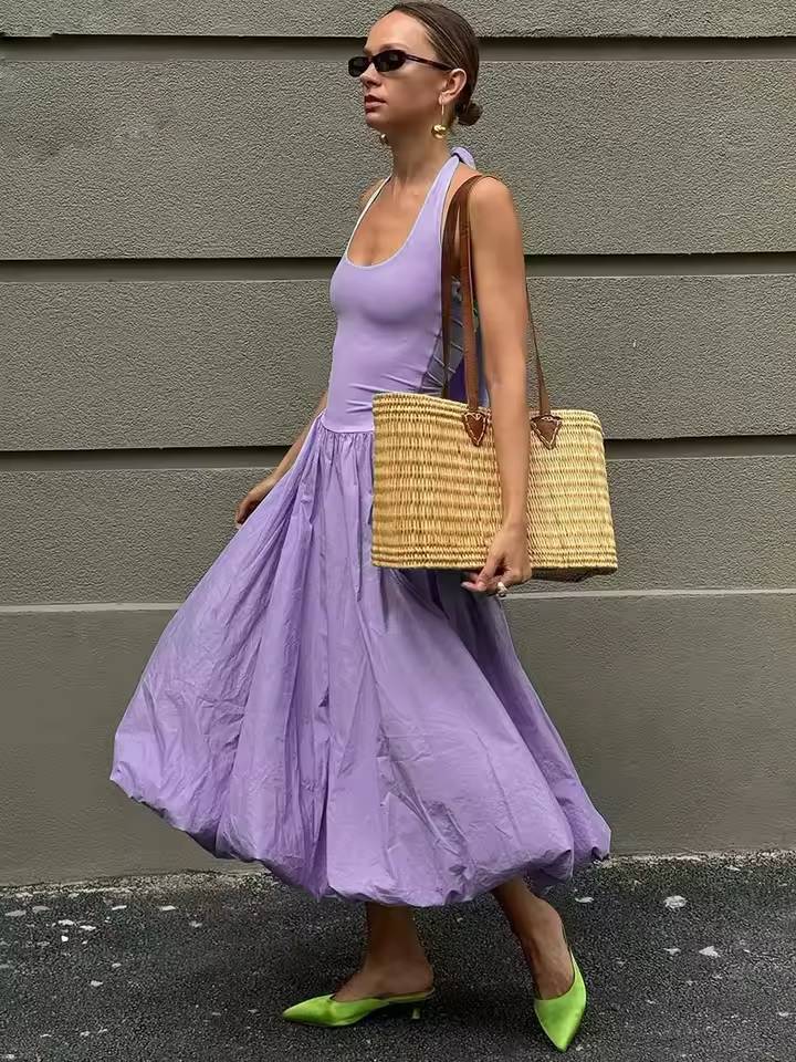 Casual Sleeveless High Waist Halter Neck Pleated Mid-Calf Dress