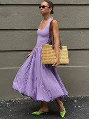 Casual Sleeveless High Waist Halter Neck Pleated Mid-Calf Dress