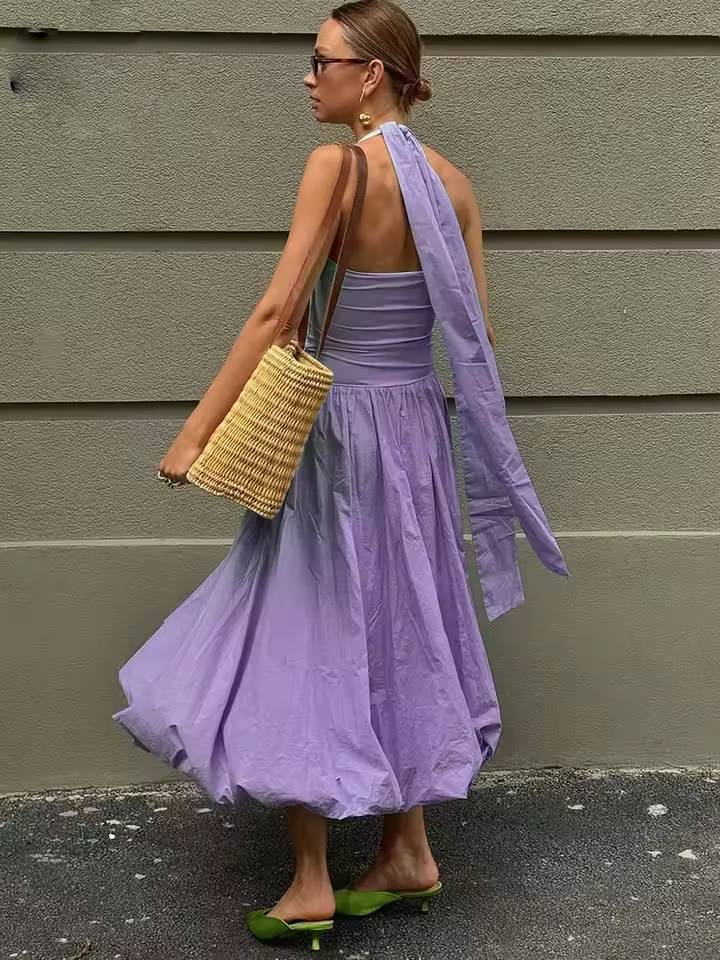 Casual Sleeveless High Waist Halter Neck Pleated Mid-Calf Dress