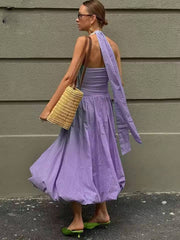Casual Sleeveless High Waist Halter Neck Pleated Mid-Calf Dress
