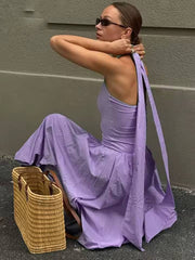 Casual Sleeveless High Waist Halter Neck Pleated Mid-Calf Dress