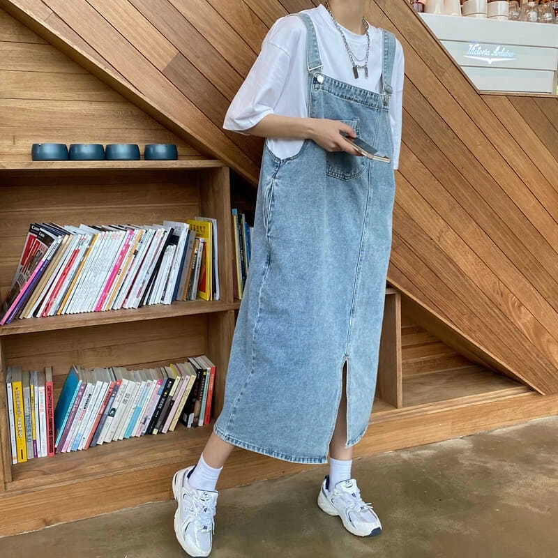 Casual Sleeveless Jeans Solid Slip Loose Spaghetti Strap Denim Overall Dresses