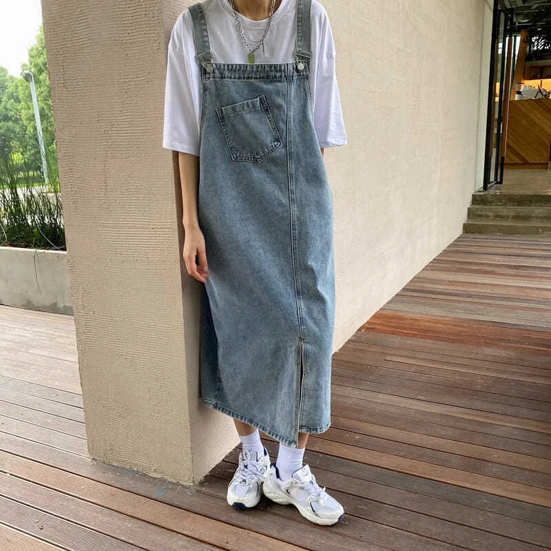 Casual Sleeveless Jeans Solid Slip Loose Spaghetti Strap Denim Overall Dresses