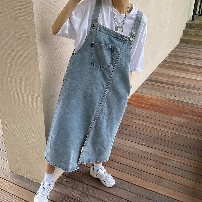 Casual Sleeveless Jeans Solid Slip Loose Spaghetti Strap Denim Overall Dresses