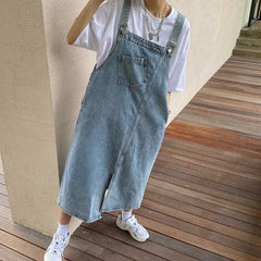 Casual Sleeveless Jeans Solid Slip Loose Spaghetti Strap Denim Overall Dresses