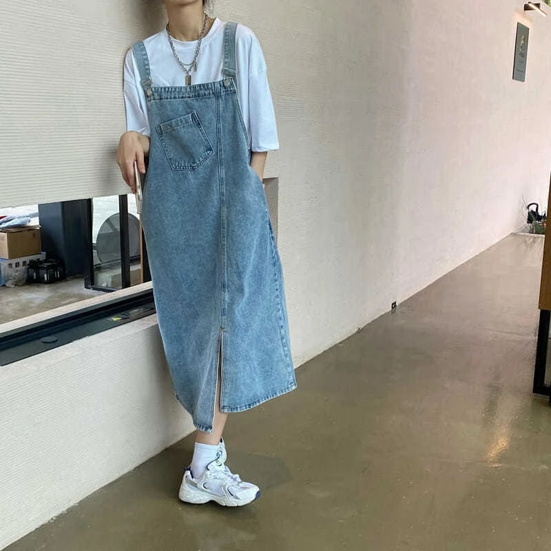 Casual Sleeveless Jeans Solid Slip Loose Spaghetti Strap Denim Overall Dresses