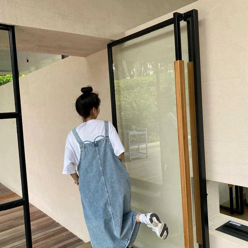 Casual Sleeveless Jeans Solid Slip Loose Spaghetti Strap Denim Overall Dresses