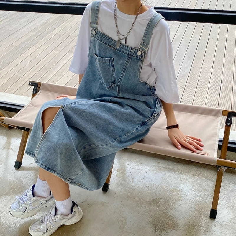 Casual Sleeveless Jeans Solid Slip Loose Spaghetti Strap Denim Overall Dresses