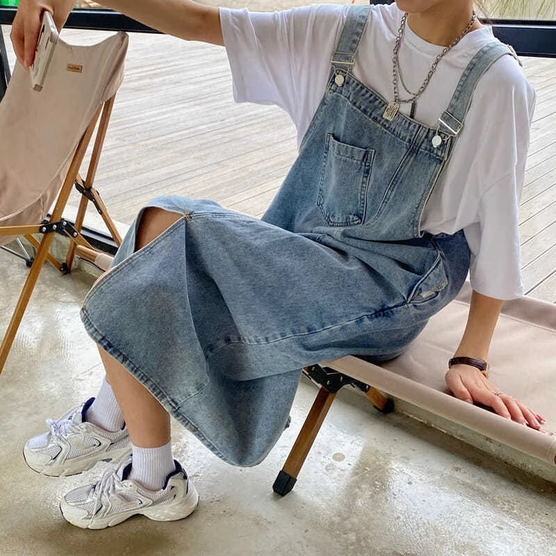 Casual Sleeveless Jeans Solid Slip Loose Spaghetti Strap Denim Overall Dresses