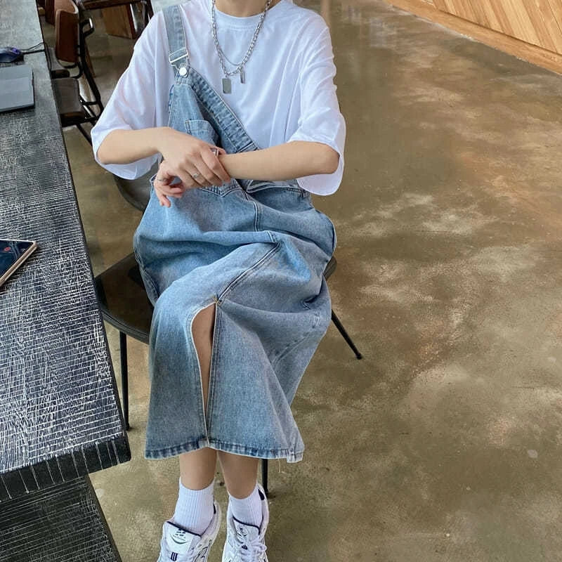 Casual Sleeveless Jeans Solid Slip Loose Spaghetti Strap Denim Overall Dresses