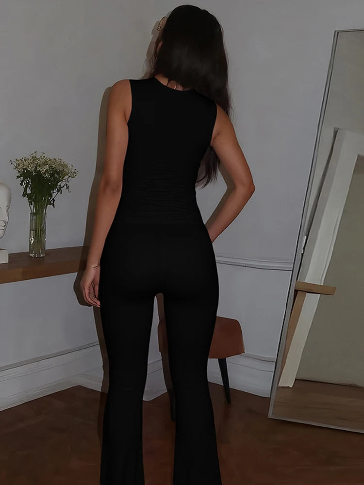 Casual Sleeveless O-neck Vests High Waist Skinny Pants Hollow 2 Piece Set
