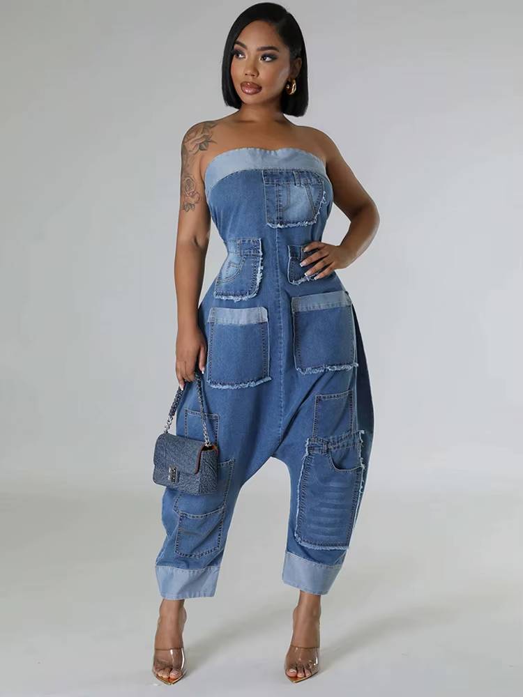 Casual Off Shoulder High Waist With Pockets Strapless Jumpsuits
