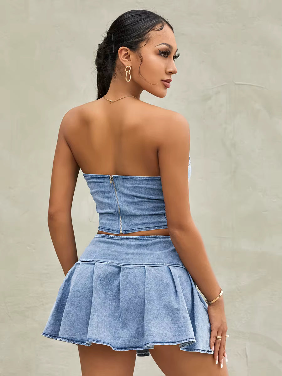 Casual Sleeveless Off Shoulder Zipper Bandeau Pleated Denim Skirt 2 Pieces Set
