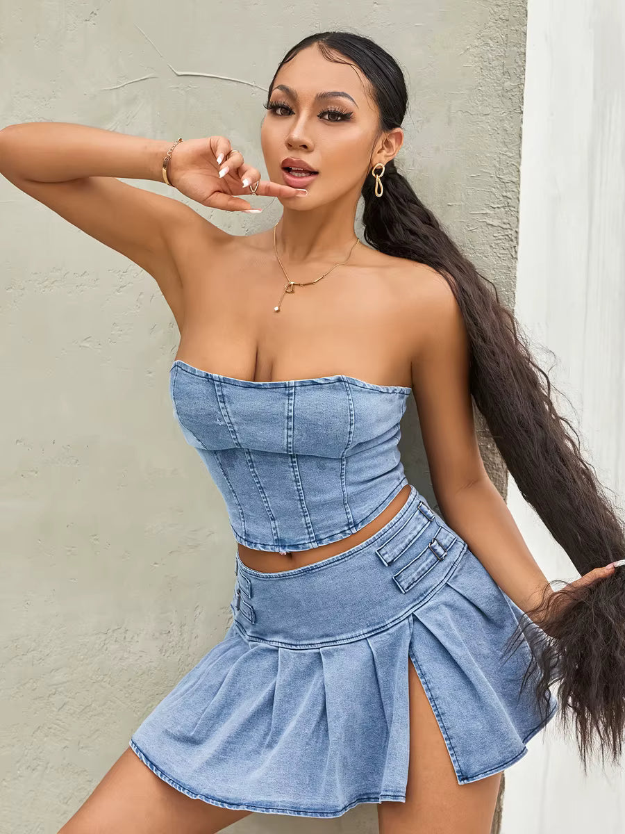 Casual Sleeveless Off Shoulder Zipper Bandeau Pleated Denim Skirt 2 Pieces Set