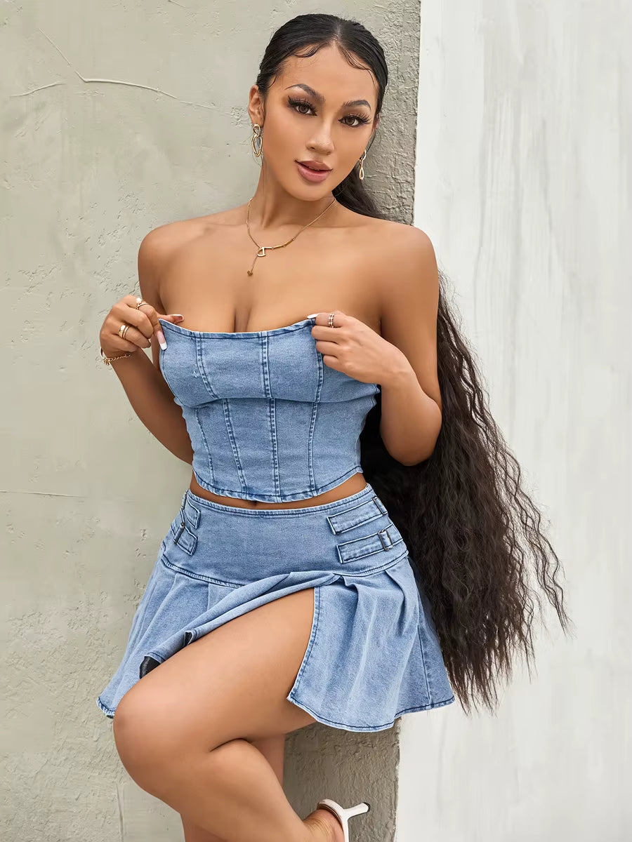 Casual Sleeveless Off Shoulder Zipper Bandeau Pleated Denim Skirt 2 Pieces Set